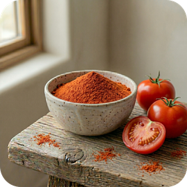 Natural tomato powder used as a color enhancer and flavor carrier in Earth's Favor snacks
