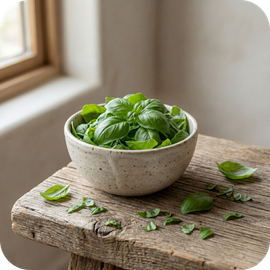 Aromatic basil used as a top note in Earth's Favor snack formulations